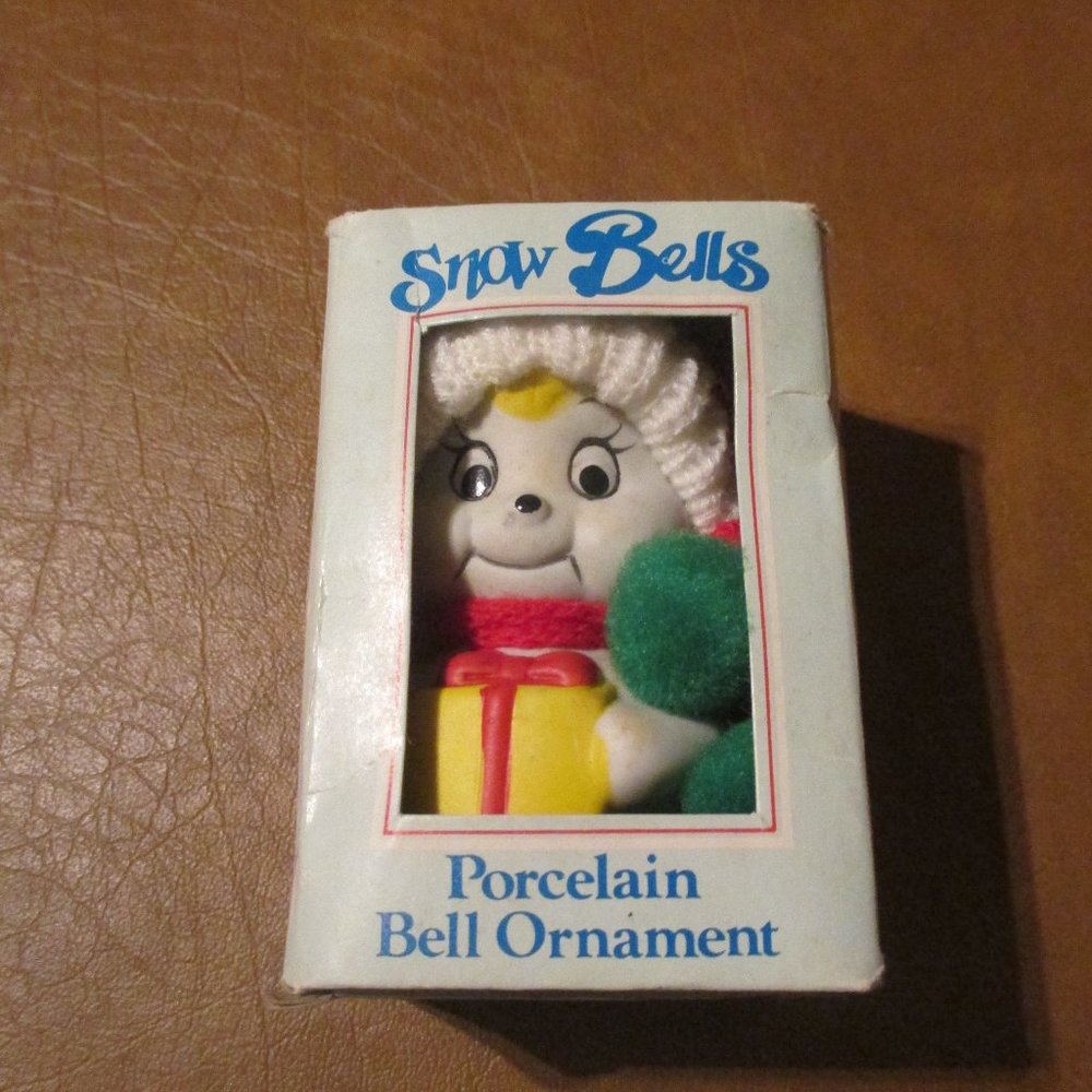 Vintage Giftco Snow Bells Bisque Porcelain Bell Snowman Ornament Christmas